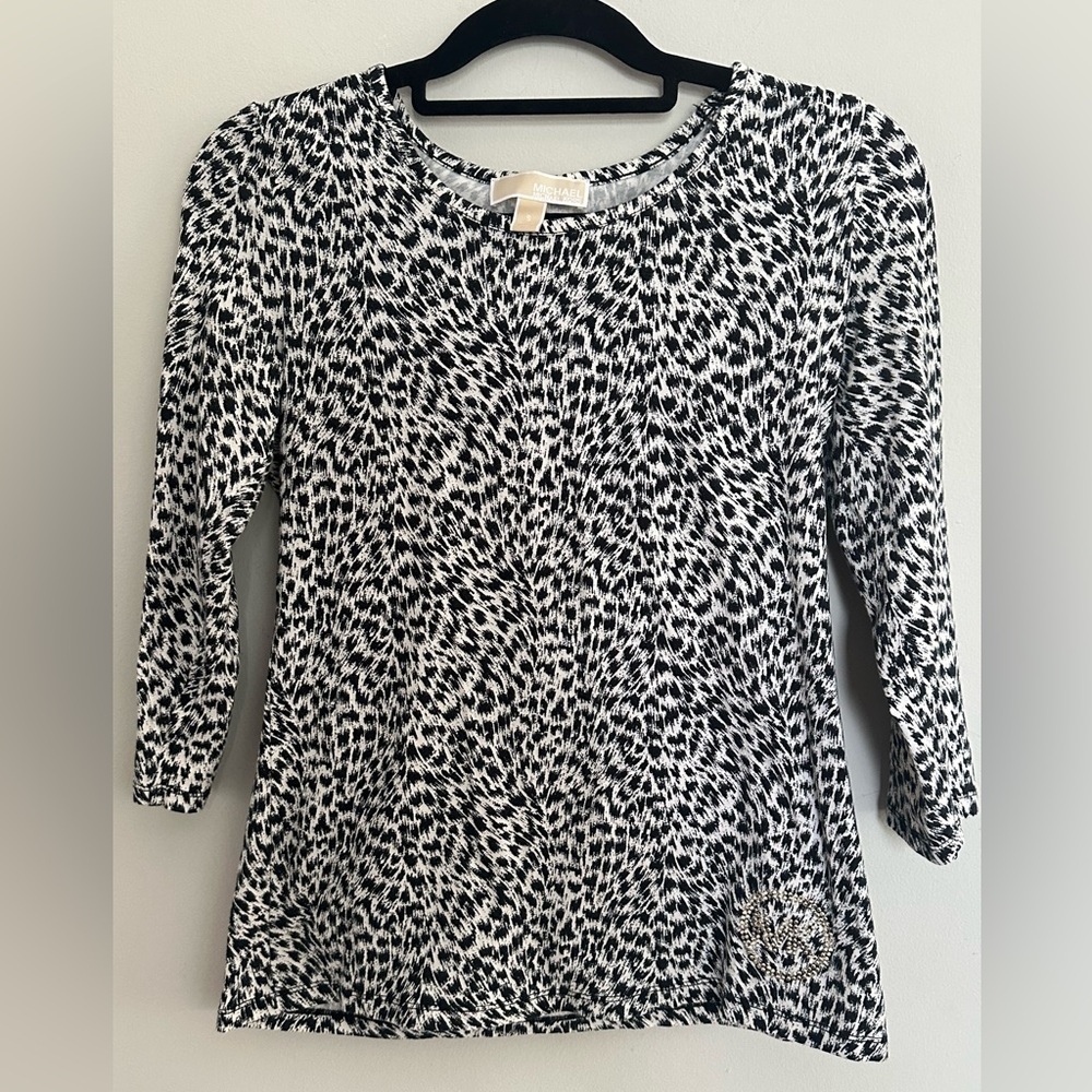 Michael Kors 3/4 Sleeve  Animal Print Classic Top Black White